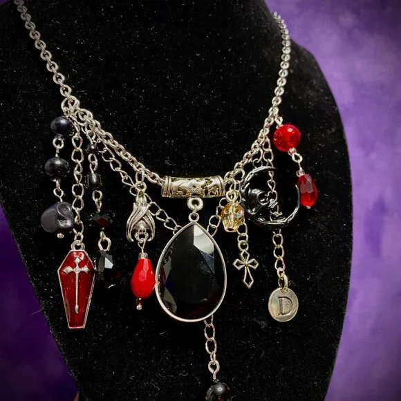 Goth Girl Trendy Charm Necklace Pagan--Witchy Vibes--Silver Bat Red Coffin - Picture 6 of 6